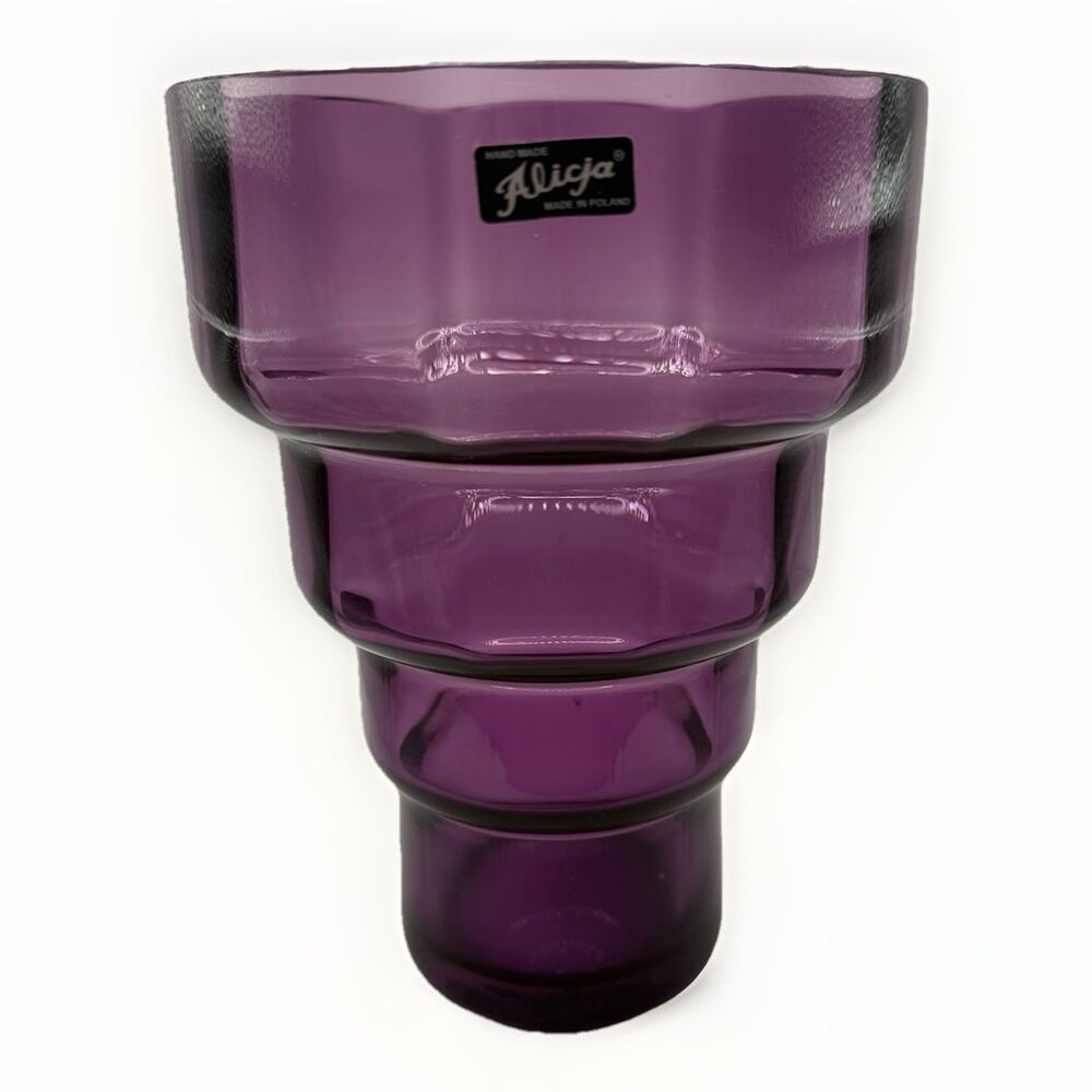 Vintage Alicia Amethyst Stair Step Vase, Mouth Blown Poland Handmade Purple 9.75